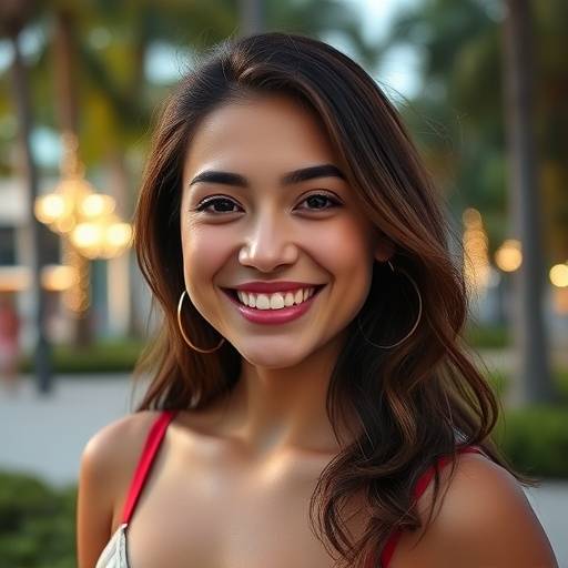 A beautifully lit portrait of a young woman smiling in a Miami park.