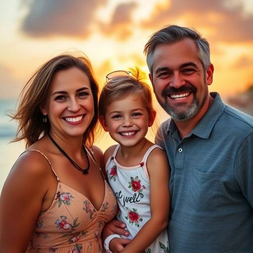 A heartwarming family portrait taken at sunset on Miami Beach, capturing a genuine moment of connection and joy among family members.
