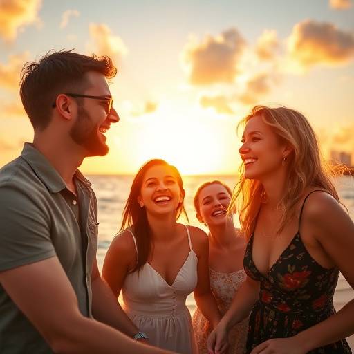 A heartwarming photo of a family laughing together on a Miami beach during sunset, capturing their love and connection.