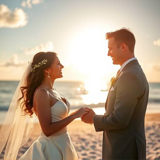 A romantic shot of a bride and groom exchanging vows on a sun-kissed Miami beach, capturing the love and joy of their special day.