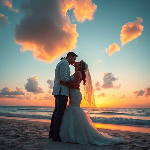 A romantic shot of a bride and groom kissing on a Miami beach during sunset.