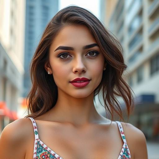 A vibrant and professionally lit portrait of a young woman in downtown Miami, showcasing natural beauty and urban backdrop.