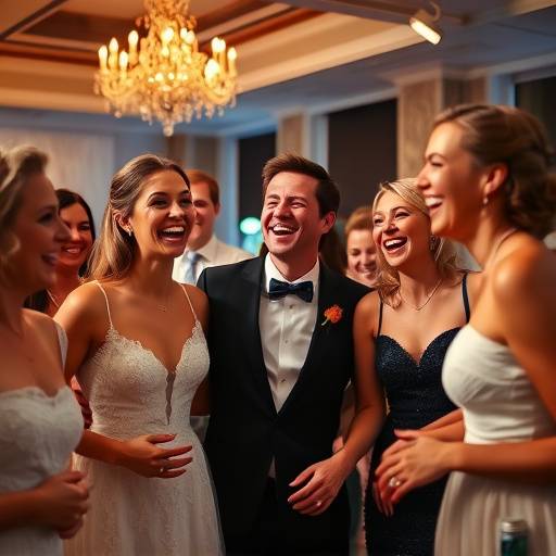 Candid shot of the bridal party laughing together during the reception, capturing the joy and camaraderie of the wedding celebration.