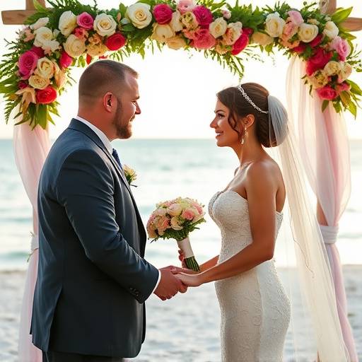 Candid wedding shot of the bride and groom exchanging vows under a beautifully decorated arch on Key Biscayne beach.