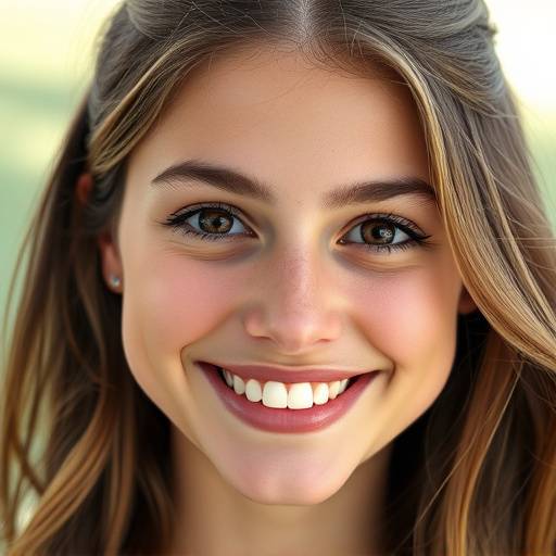 Close-up portrait of a young woman with natural lighting, highlighting her radiant smile and expressive eyes.