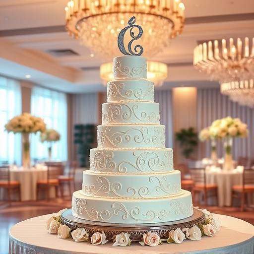Detailed photo of the wedding cake, showcasing its intricate design and elegant decorations at a lavish Miami Beach ballroom.