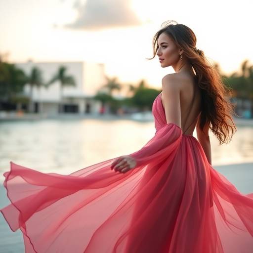 Elegant portrait of a young woman in a flowing dress, captured in South Pointe Park, Miami Beach.