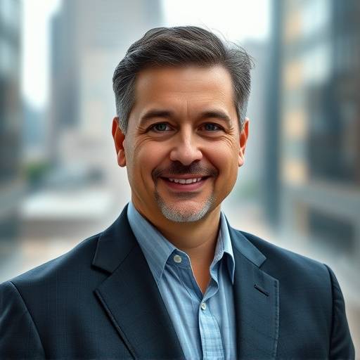 Professional headshot of a CEO, projecting authority and trustworthiness against a blurred city backdrop.