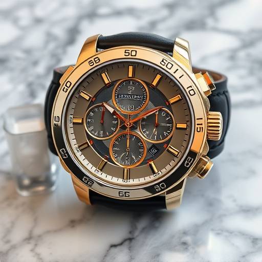 Professional product shot of a high-end chronograph watch on a marble surface, highlighting its intricate details.