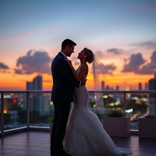 Romantic sunset photo of the bride and groom sharing their first dance on a rooftop overlooking the Miami skyline.